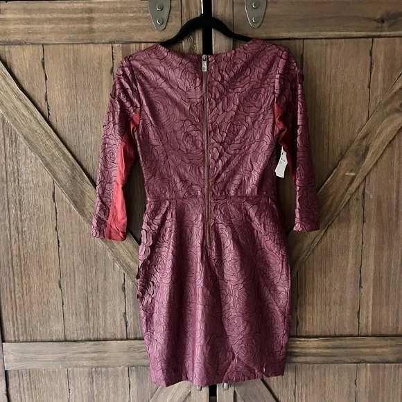 Haute Hippie Laser Cut Rose Pattern Faux Leather Fitted Maroon Dress Size S